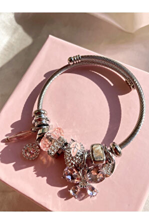 Gümüş Renk Kristal Pembe Kelebek Charmlı Pandora Çelik Bileklik -  3190