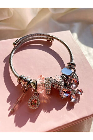Gümüş Renk Kristal Pembe Kelebek Charmlı Pandora Çelik Bileklik -  3190