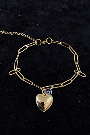 Altın Renk Kalp Nazar Ataç Zincir Çelik Halhal - 3224