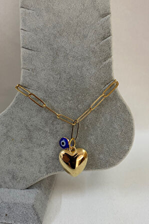 Altın Renk Kalp Nazar Ataç Zincir Çelik Halhal - 3224