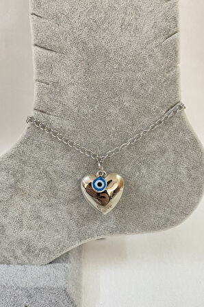 Gümüş Renk Kalp Nazar Uzatma Zincir Çelik Halhal - 3225