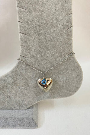 Gümüş Renk Kalp Nazar Uzatma Zincir Çelik Halhal - 3225