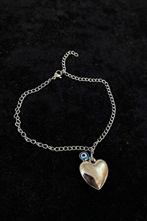 Gümüş Renk Kalp Nazar Uzatma Zincir Çelik Halhal - 3225