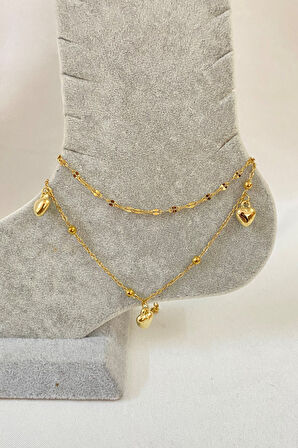 Altın Renk Üç Kalpli Model Singapur Ve Top Zincir Çelik Halhal - 3227