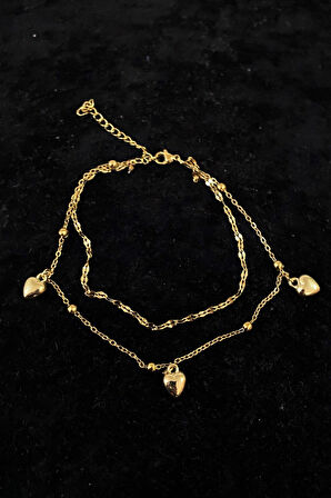 Altın Renk Üç Kalpli Model Singapur Ve Top Zincir Çelik Halhal - 3227