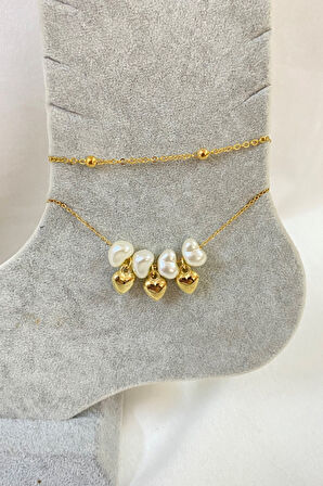 Altın Renk Kalp Barok Model Top Ve Sf Zincir Çelik Halhal - 3228