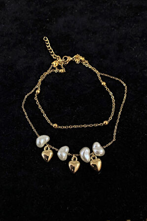 Altın Renk Kalp Barok Model Top Ve Sf Zincir Çelik Halhal - 3228