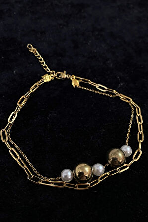 Altın Renk İnci Küre Model Sf Ve Ezme Zincir Çelik Halhal - 3229