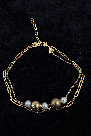 Altın Renk İnci Küre Model Sf Ve Ezme Zincir Çelik Halhal - 3229