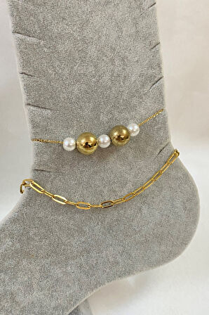 Altın Renk İnci Küre Model Sf Ve Ezme Zincir Çelik Halhal - 3229