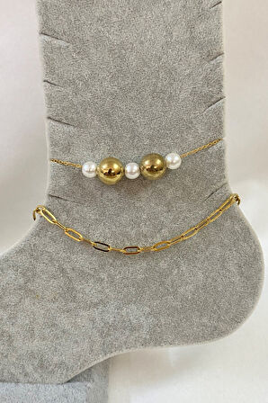 Altın Renk İnci Küre Model Sf Ve Ezme Zincir Çelik Halhal - 3229