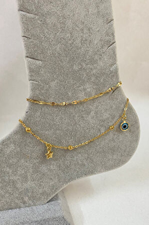 Altın Renk Zirkon Yıldız Nazar Model Singapur Ve Top Zincir Çelik Halhal - 3230