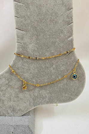 Altın Renk Zirkon Yıldız Nazar Model Singapur Ve Top Zincir Çelik Halhal - 3230