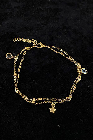 Altın Renk Zirkon Yıldız Nazar Model Singapur Ve Top Zincir Çelik Halhal - 3230