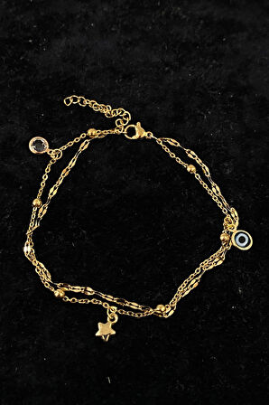 Altın Renk Zirkon Yıldız Nazar Model Singapur Ve Top Zincir Çelik Halhal - 3230