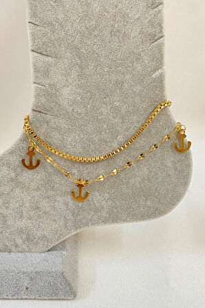 Altın Renk Çapa Model Asansör Ve Singapur Zincir Çelik Halhal - 3231