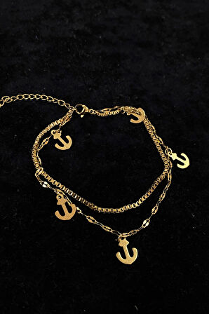 Altın Renk Çapa Model Asansör Ve Singapur Zincir Çelik Halhal - 3231