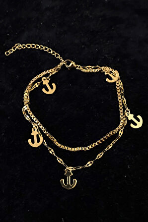 Altın Renk Çapa Model Asansör Ve Singapur Zincir Çelik Halhal - 3231