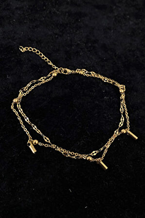 Altın Renk Çubuk Boru  Model Singapur Ve Top Zincir Çelik Halhal - 3233