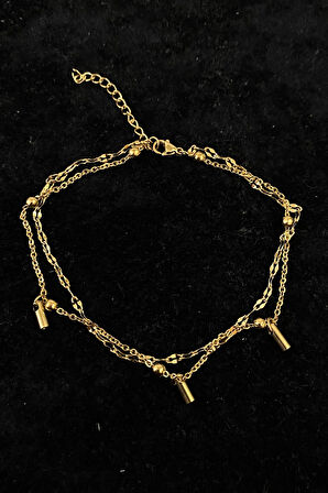 Altın Renk Çubuk Boru  Model Singapur Ve Top Zincir Çelik Halhal - 3233