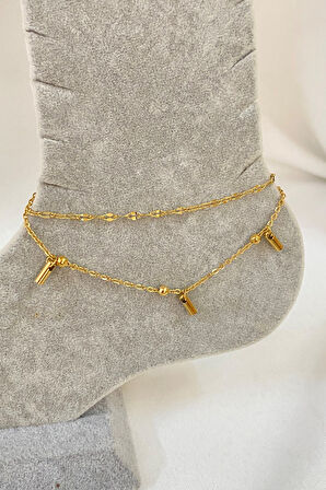 Altın Renk Çubuk Boru  Model Singapur Ve Top Zincir Çelik Halhal - 3233