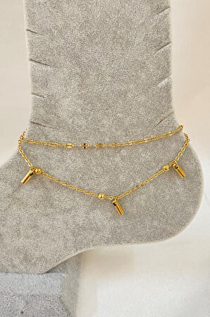 Altın Renk Çubuk Boru  Model Singapur Ve Top Zincir Çelik Halhal - 3233