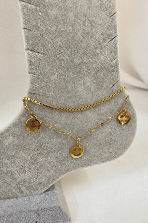 Altın Renk Gülen Surat Model Asansör Ve Singapur Zincir Çelik Halhal - 3234