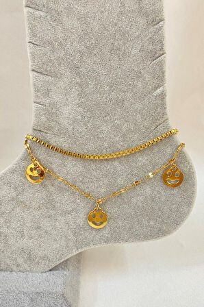 Altın Renk Gülen Surat Model Asansör Ve Singapur Zincir Çelik Halhal - 3234