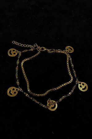 Altın Renk Gülen Surat Model Asansör Ve Singapur Zincir Çelik Halhal - 3234