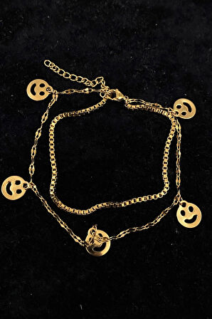 Altın Renk Gülen Surat Model Asansör Ve Singapur Zincir Çelik Halhal - 3234