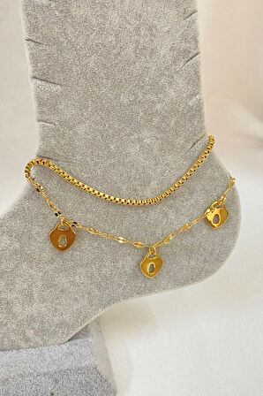 Altın Renk Anahtar Deliği Kalp Model Asansör Ve Singapur Zincir Çelik Halhal - 3235