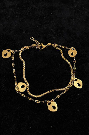 Altın Renk Anahtar Deliği Kalp Model Asansör Ve Singapur Zincir Çelik Halhal - 3235