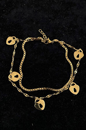 Altın Renk Anahtar Deliği Kalp Model Asansör Ve Singapur Zincir Çelik Halhal - 3235