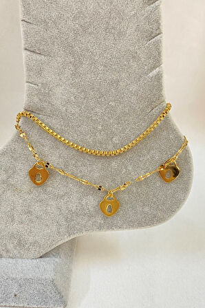 Altın Renk Anahtar Deliği Kalp Model Asansör Ve Singapur Zincir Çelik Halhal - 3235