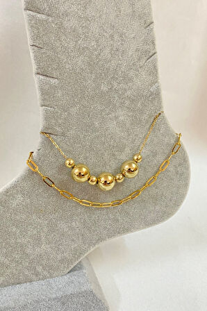 Altın Renk Küre Model Ezme Ve Sf Zincir Çelik Halhal - 3236