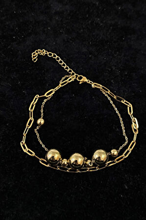 Altın Renk Küre Model Ezme Ve Sf Zincir Çelik Halhal - 3236