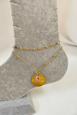 Altın Renk Zirkon Pul Model Singapur Ve Top Zincir Çelik Halhal - 3237