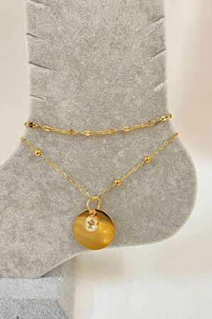 Altın Renk Zirkon Pul Model Singapur Ve Top Zincir Çelik Halhal - 3237