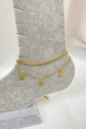 Altın Renk Papatya Model Asansör Ve Sf Zincir Çelik Halhal - 3239