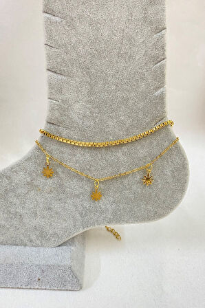 Altın Renk Papatya Model Asansör Ve Sf Zincir Çelik Halhal - 3239