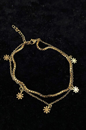 Altın Renk Papatya Model Asansör Ve Sf Zincir Çelik Halhal - 3239