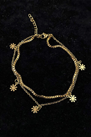 Altın Renk Papatya Model Asansör Ve Sf Zincir Çelik Halhal - 3239