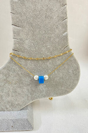 Altın Renk İnci Bodrum Boncuk Model Singapur Ve Sf Zincir Çelik Halhal - 3241