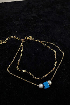 Altın Renk İnci Bodrum Boncuk Model Singapur Ve Sf Zincir Çelik Halhal - 3241