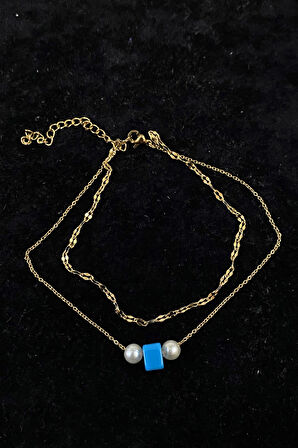 Altın Renk İnci Bodrum Boncuk Model Singapur Ve Sf Zincir Çelik Halhal - 3241