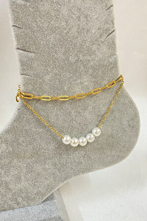 Altın Renk Beş İncili Model Ezme Ve Sf Zincir Çelik Halhal - 3242