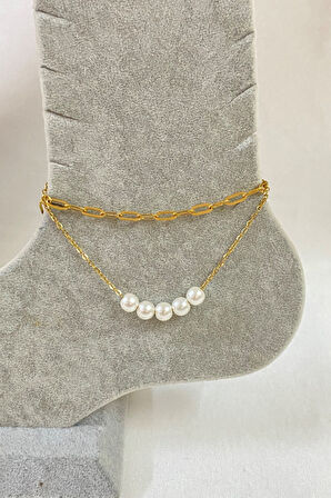 Altın Renk Beş İncili Model Ezme Ve Sf Zincir Çelik Halhal - 3242