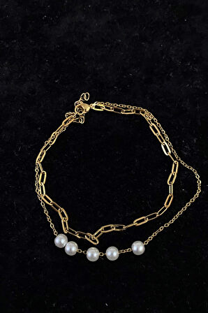 Altın Renk Beş İncili Model Ezme Ve Sf Zincir Çelik Halhal - 3242