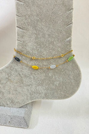 Altın Renk Top Ve Renkli Silindir Zincir Çelik Halhal - 3243