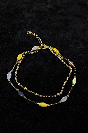 Altın Renk Top Ve Renkli Silindir Zincir Çelik Halhal - 3243